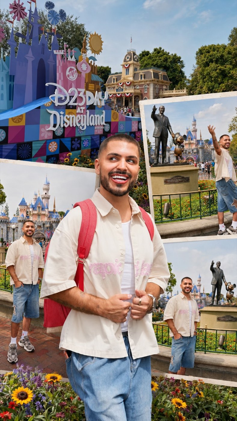 tyler in front of the sleeping beauty castle for disney d23