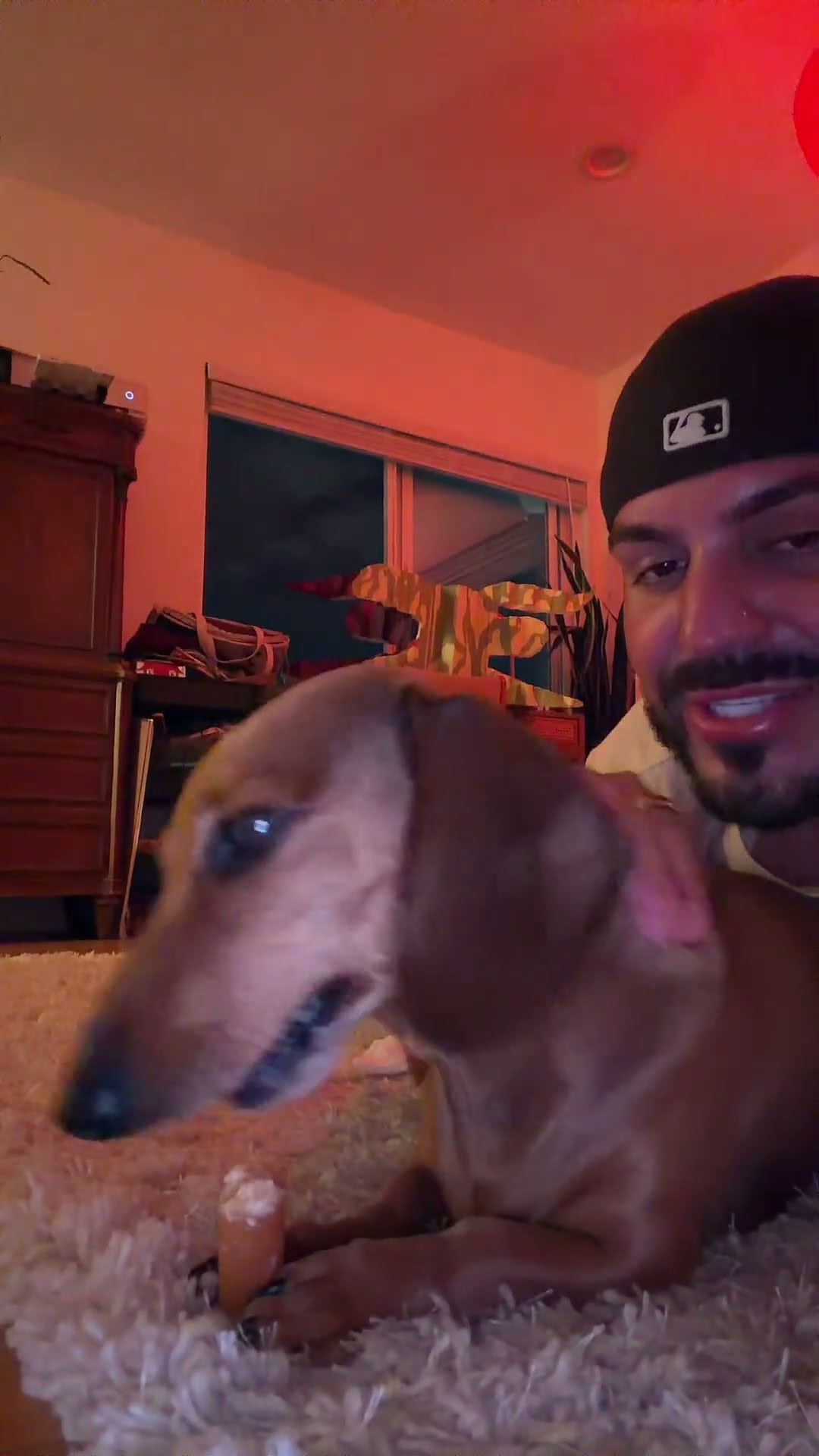 tyler at home with howie the dachshund on his sixth birthday