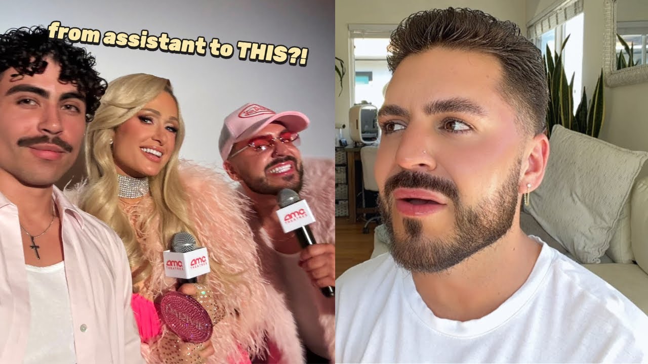 tyler wells in a pink cap holding a mic beside paris hilton, next to a photo of him at home — captioned 'from assistant to this?!'